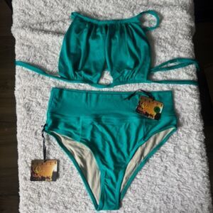Venice Rani Swimwear Teal Halter & High Waisted Bottom Two Piece Bikini Med NWT